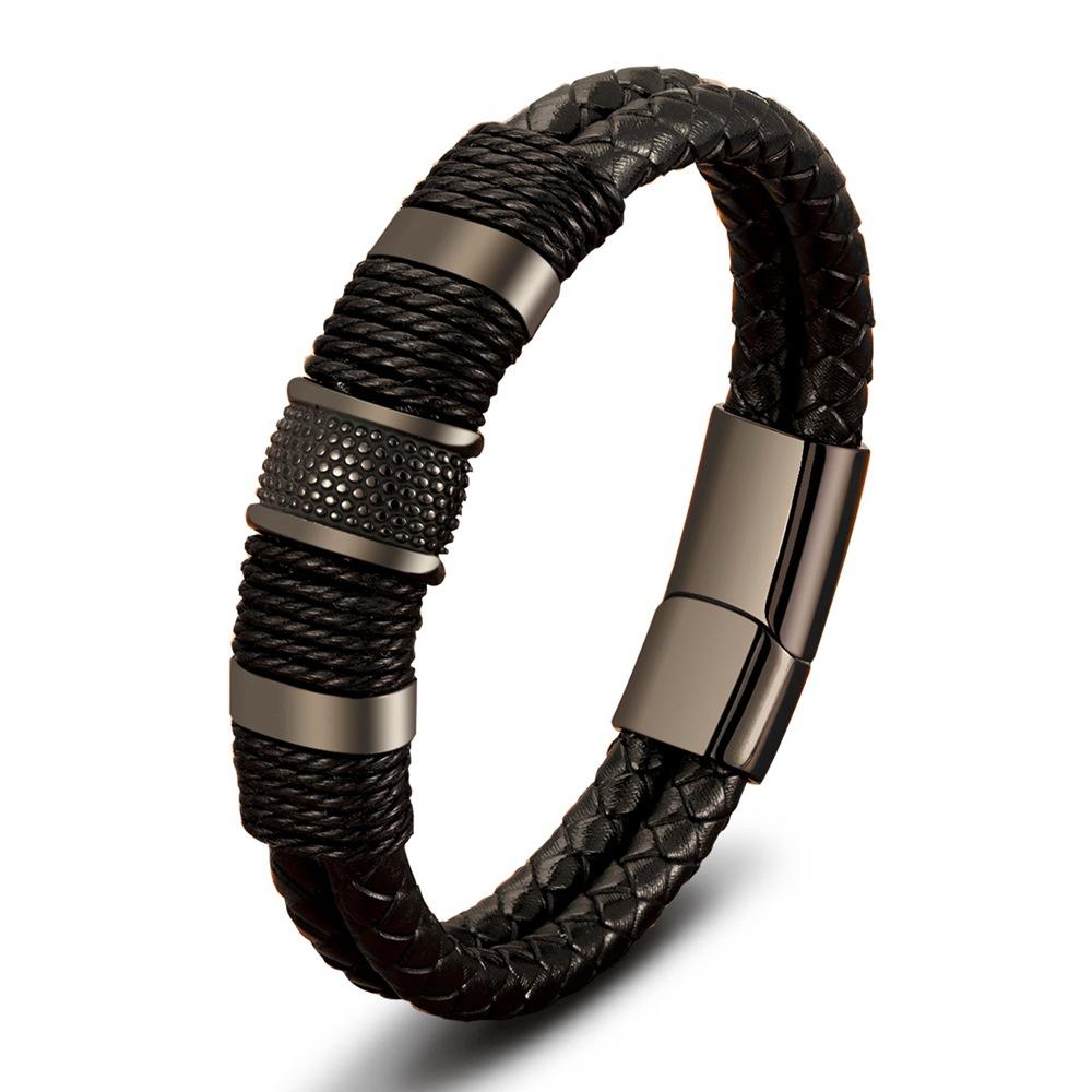 Popular braided leather rope special style classic stainless steel men's leather bracelet double-layer design