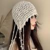 Women's Summer Hollow-out Pearl Tassel Pendant Head Wrap Hat Ethnic Style Knit Slouchy Hat Retro Face Slimming Cap