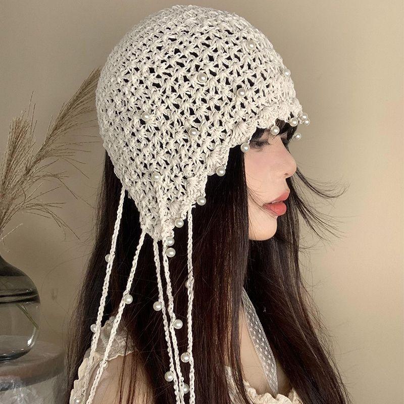 Women's Summer Hollow-out Pearl Tassel Pendant Head Wrap Hat Ethnic Style Knit Slouchy Hat Retro Face Slimming Cap