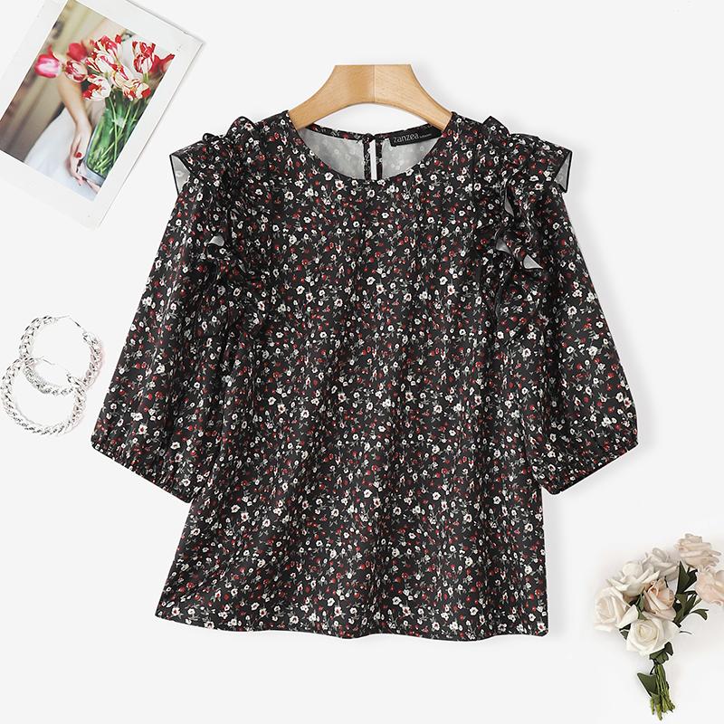 

ZANZEA Женская повседневная блузка с круглым вырезом, рукавами 3/4, свободного кроя, с цветочным принтом 2XL чёрный