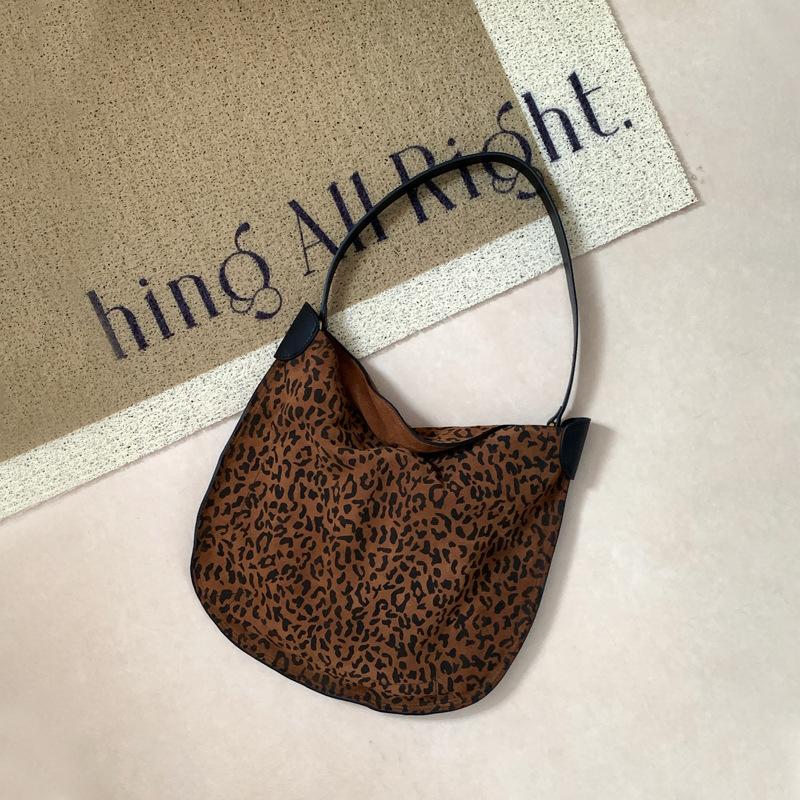 Niche Vintage Leopard Print Shoulder Bag for Women Tote Bag Genuine Leather Large Capacity Frosted Cowhide Underarm Bag