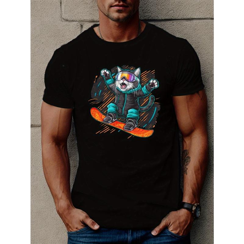 

European sizes Men S Summer T-Shirt Featuring a Cat with Human Traits Snowboarding. 4XL