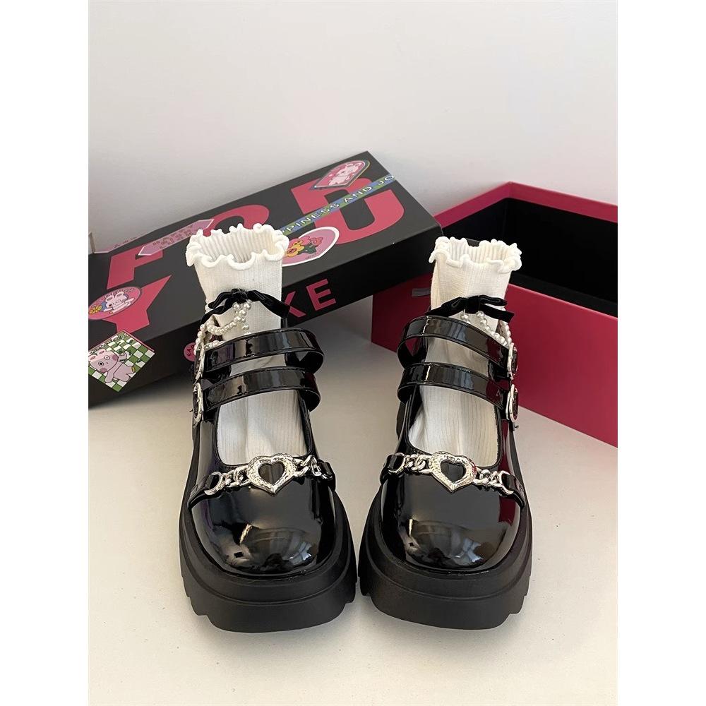 Spring 2025 Dark Style Mary Jane Shoes: Sweet Heart Design, Thick Soles, Height-Increasing, Leather.