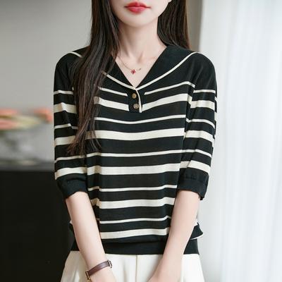 Striped Tencel T-shirt Spring and Summer New Thin Knitted Short-sleeved Top