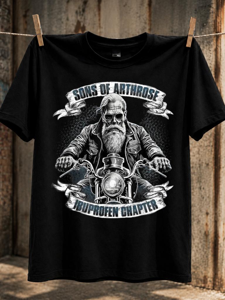 Sons Of Arthrose Bearded Biker On Motorcycle With Banner Lettering Dark Club Parody Aging Rider Unisex All TShirt