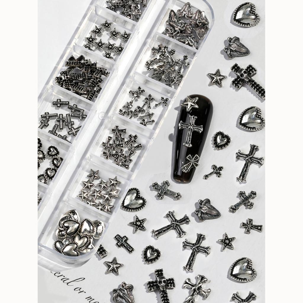 1/3Boxed 12 Grids Vintage Cross Shaped Zinc Alloy Jewelry Nails Supplies Heart&Star Shaped Metal Y2k Nail Art Decoration