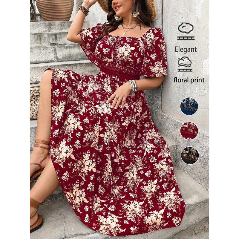 

Retro Square Neck Print Dress - I 77123 Multicolor2