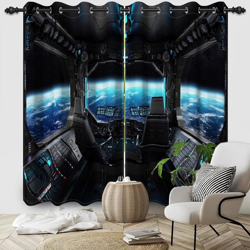 Luxurious SciFi Space View Curtain Window Treatment Polyester Galactic Abstract Decor Modern Futuristic Home Decoration Room Pan