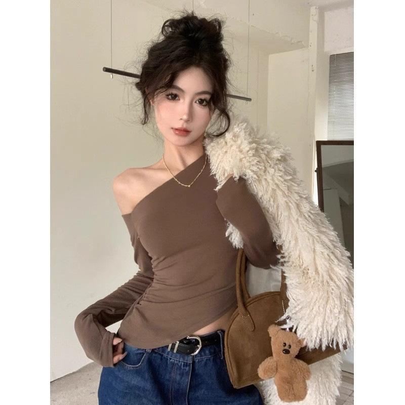 Spring Autumn New Sexy One Shoulder Irregular Long Sleeve T-Shirt Women's Slim Sloping Shoulder Top Women