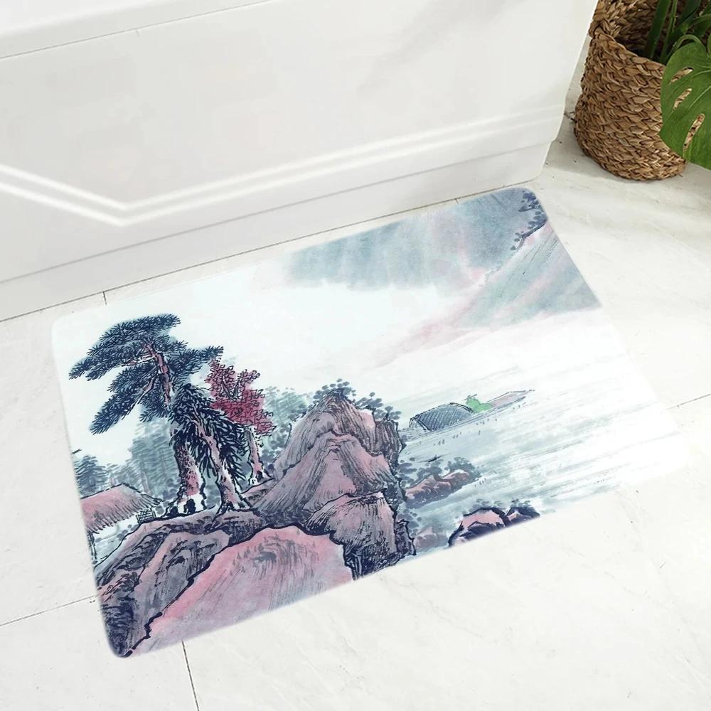 

Chinese Ink Painting Floor Mat for Living Room Bedroom Kitchen Decor Non-Slip Carpet Landscape Print Doormat Soft Bathroom Mats 40x60cm 16x24 inch