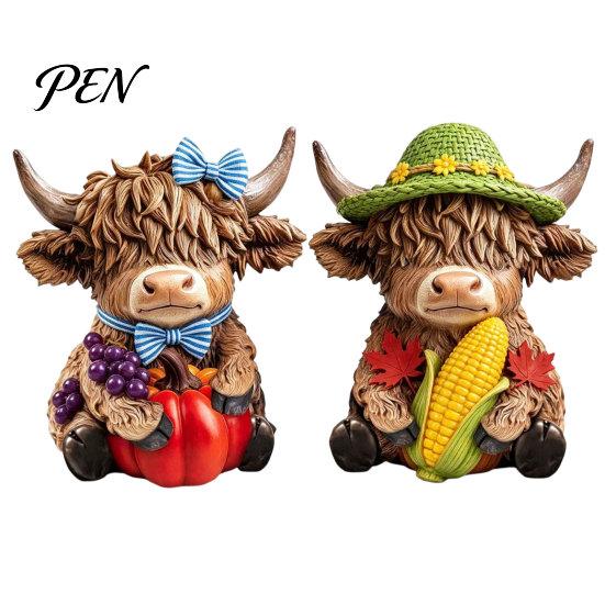 Highland Cow Figurines 2PCS Ornament, Wooden Rustic Style Figurine, Thanksgiving Polished Wood Art Theme Art, for Entrance Living Room Decor