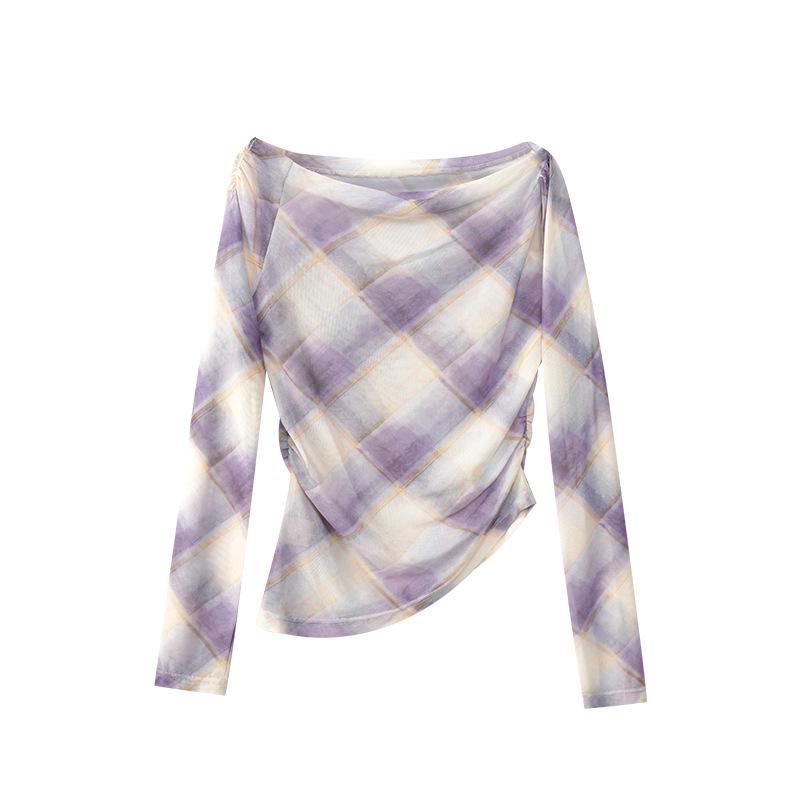

2025 Весна Французский Стиль Клетчатая Шифоновая Рубашка Одно Плечо Узкая Женская C3030 M фиолетовый