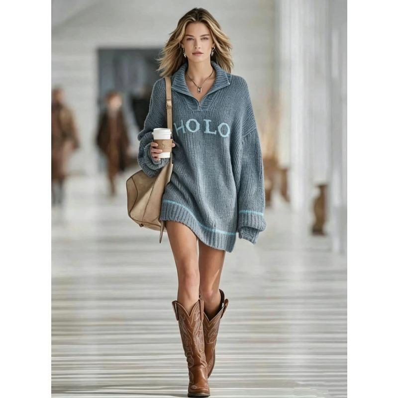 Autumn and winter popular new women's loose letter jacquard sweater zipper lapel mini knitted women's dress