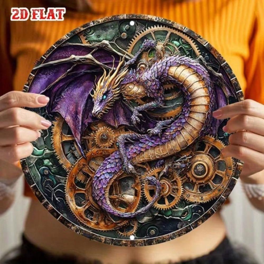 Purple Steampunk Dragon Round Metal Wall Poster with Gears for Living Room