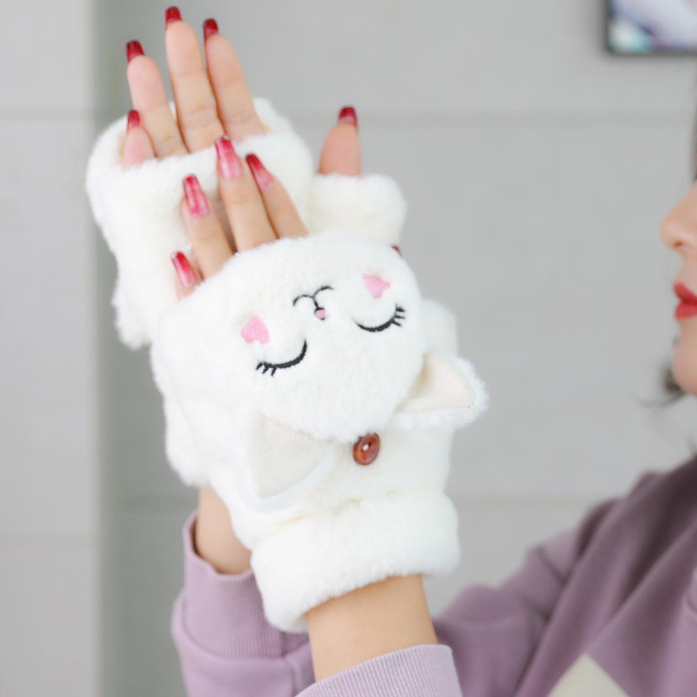Cute Cat Fur Mittens Women Winter Gloves for Girls Animal Ear Flip Plush Glove Fingerless Thicken Warm Mittens