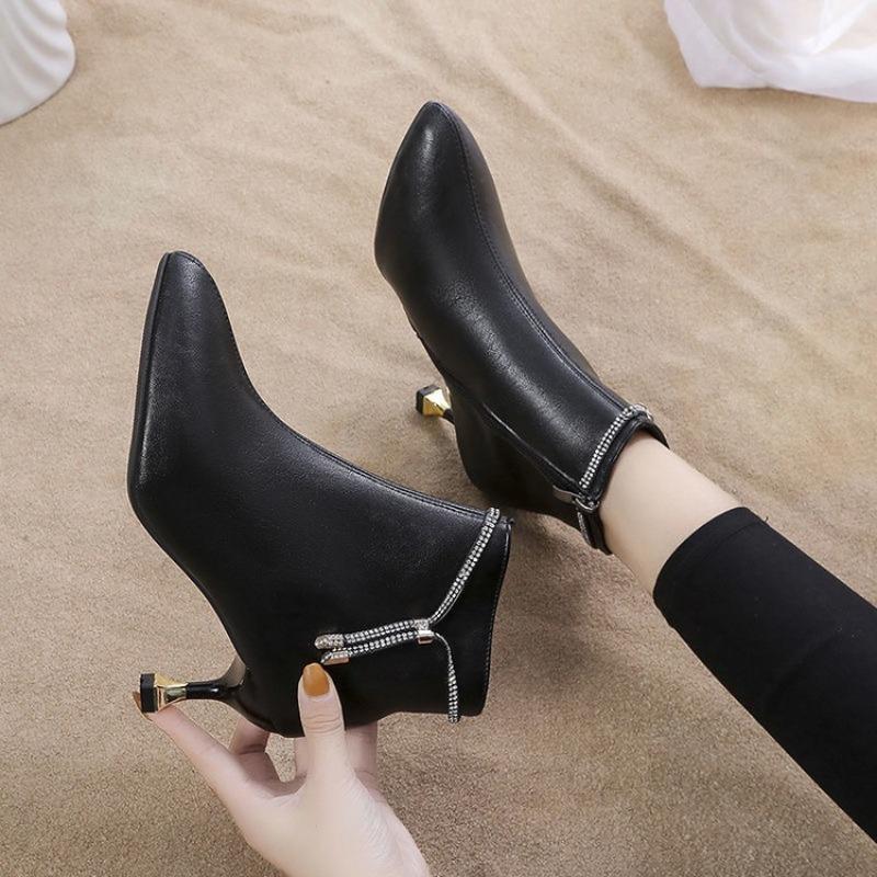 Versatile rhinestone thin heel short boots women's autumn and winter leather bare boots new fashion pointed women's velvet Martin boots
