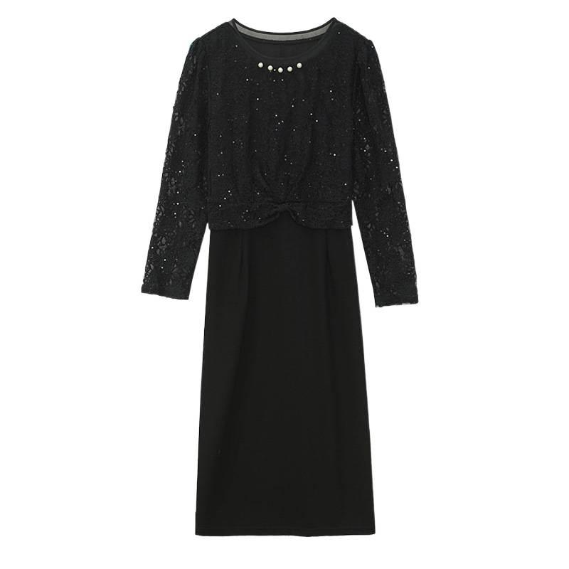 Plus Size Black Sequin Lace Two-Piece Long Sleeve Dress for Women – Slimming Spring/Autumn Style