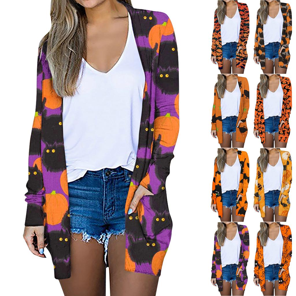 Women's Fashion Halloween Print Long Sleeve Loose Casual Cardigan Tops