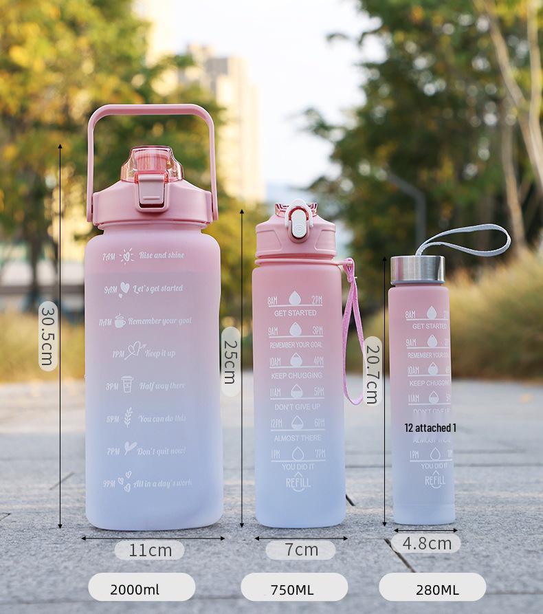 Gradient Color Large-Capacity Frosted Sports Water Bottle with Straw - 3-Piece Set