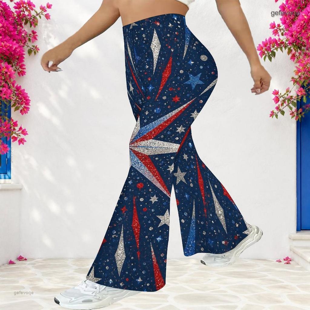 Women Plus Size High Waist Full Length Flared Pants White Star Printed Trousers
