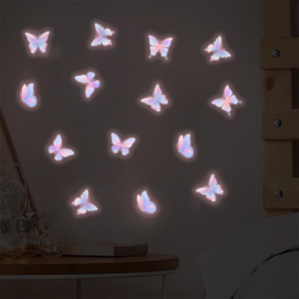 Night Glow Pink Gradient Butterfly Wall Decal  Self-adhesive and Removable, Water-resistant  for Bedroom Wall Decoration