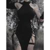 Goth Gothic Dress Cosplay High Split Sexy Bandage Women Dress Halter Slim Midi Dark Black Grunge Partywear