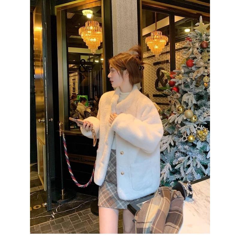 Women's Autumn and Winter Solid Color Buttoned Long-sleeved Cardigan Flocked Fashion Casual Loose Jacket Top