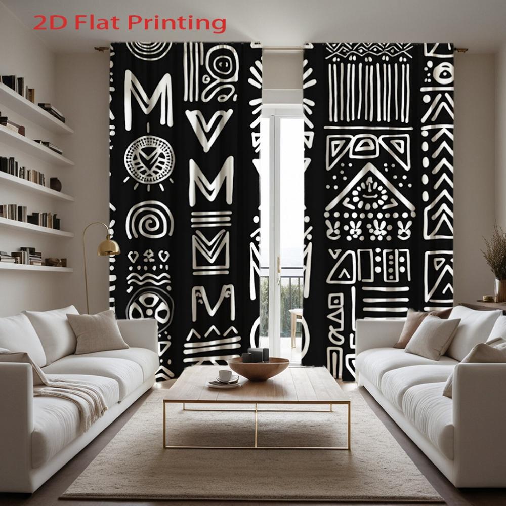 African Geometric Print Curtains Black White Semi Transparent Polyester Window Drapes Design Set Of 2 Made With Rod Pocket
