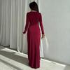 2025 European/American Bodycon Sheath Dress: Solid Color, Long Sleeve, Round Neck, Button & Pleated Details