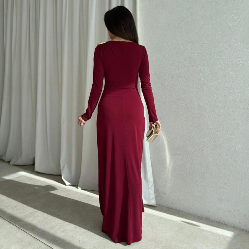 2025 European/American Bodycon Sheath Dress: Solid Color, Long Sleeve, Round Neck, Button & Pleated Details