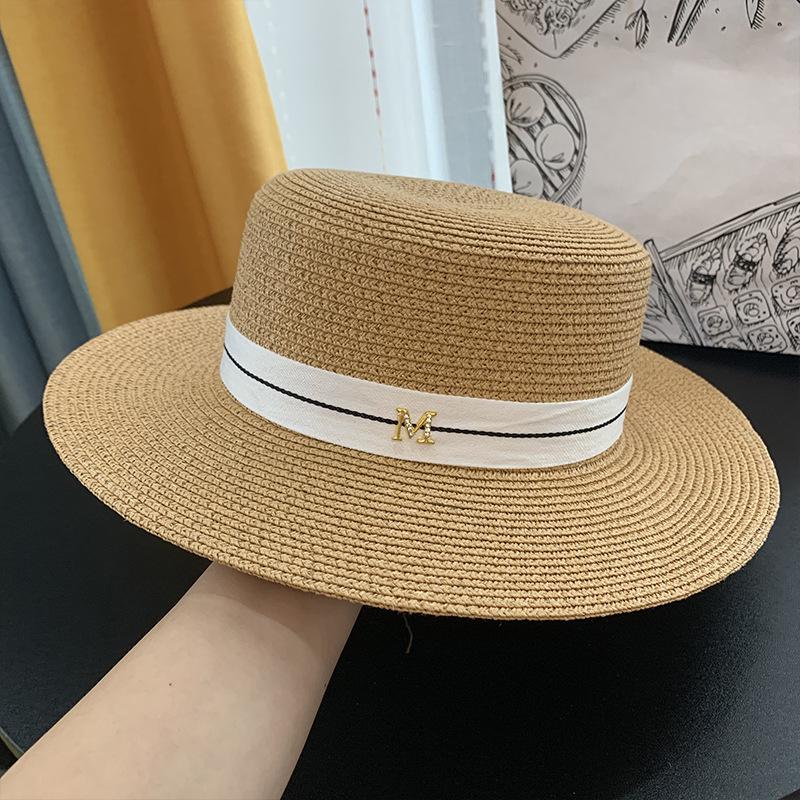 M Straw Hat Women's Simple Flat-top Letter Elegant White Top Hat British Sun Protection Beach Vacation Sun Hat