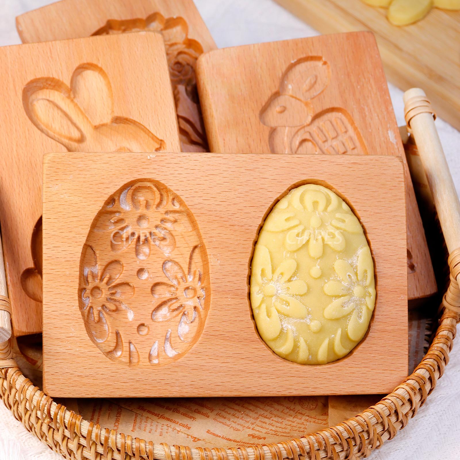 Wooden Cookie Molds for Easter, with 3D Easter Bunny Eggs Patterns, DIY Cookie Cutter Mould, Cookie Stamp Embossing Press Molds