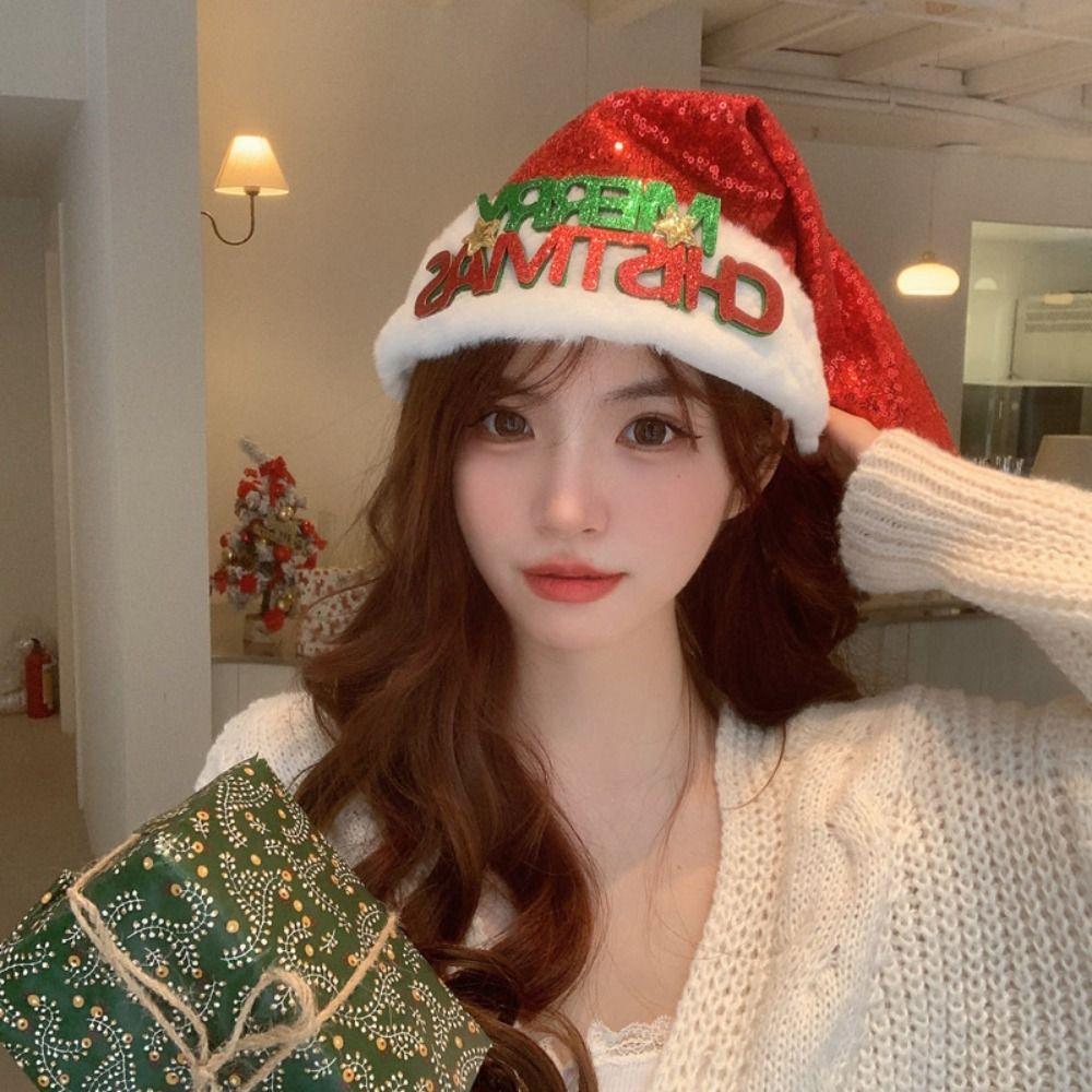 Merry Christmas Decoration Santa Claus Hat Bow Red Plush Hat All-match Christmas Sequin Hat  Adults