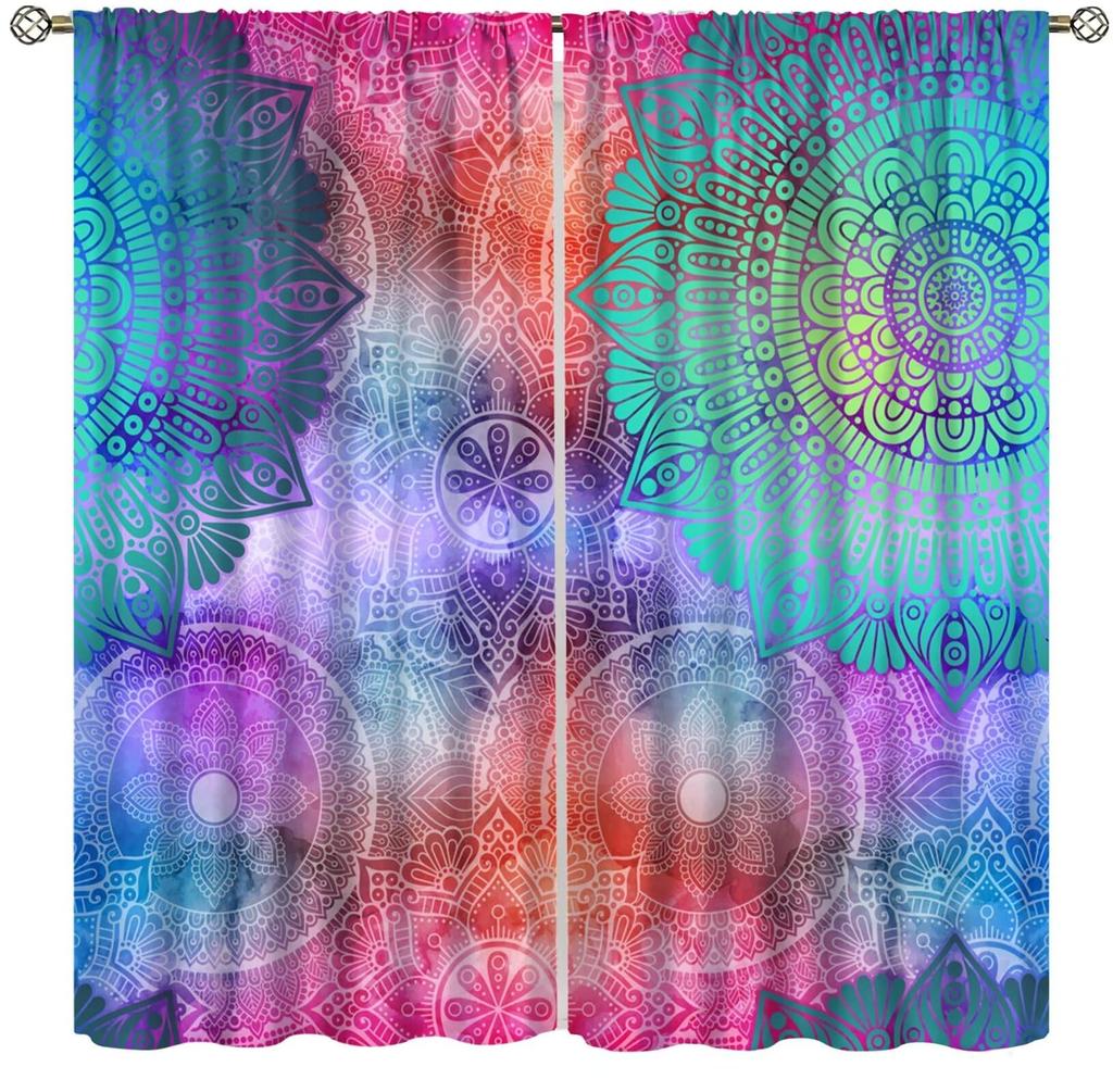 Galaxy Mandala Bedroom Curta - Boho Geometric Colorful Pattern - W42 * L45 Inches