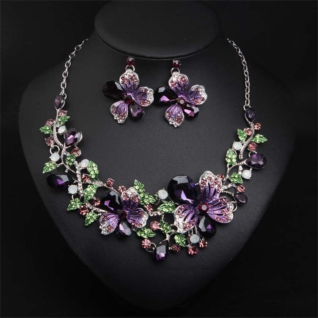 Floral Crystal Jewelry Set - Colorful Gemstone Necklace & Earrings for Bride & Evening Party