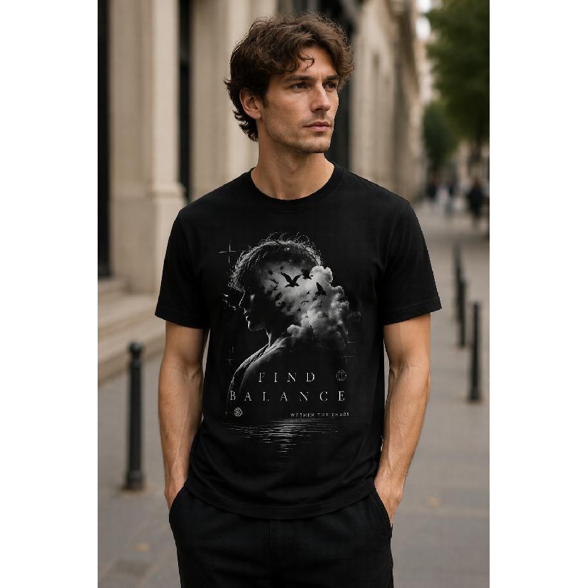 men s black short sleeve t-shirt with surreal graphic print featuring silhouette and birds, crew neck, soft cotton feel, motivational quote design S чёрный