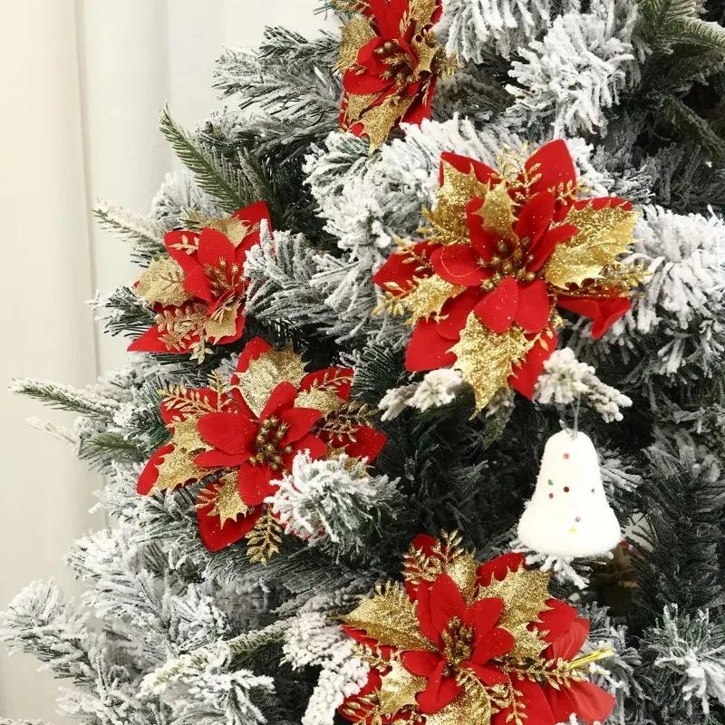 Christmas Glitter Flowers Fake Flower Christmas Tree Decorations for Home Pendant Ornaments Navidad New Year 2027 Gift