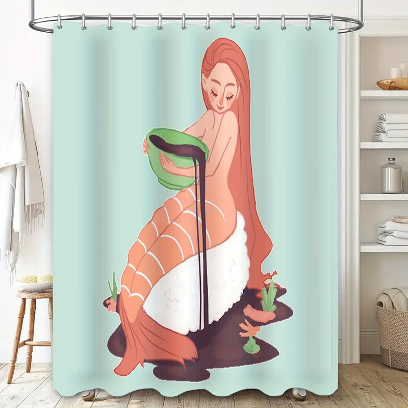 Mermaid Shower Curtain Ocean Wave Sea Life Bathroom Decor Coastal Blue Home Decor Beach Themed Waterproof Fabric