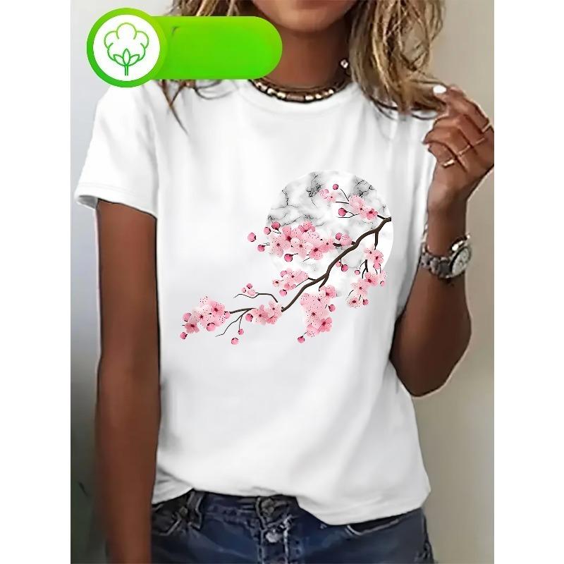 Womens Cherry Blossom Moon Print Tee Round Neck Short Sleeve Casual Top