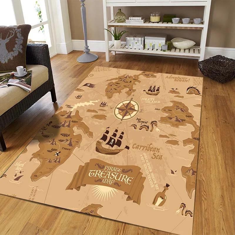 Retro Treasure Map Area Rug Carpet for Living Room Bedroom Children Play Mat Sofa Home Decor Floor Mat Carpets for Living Room