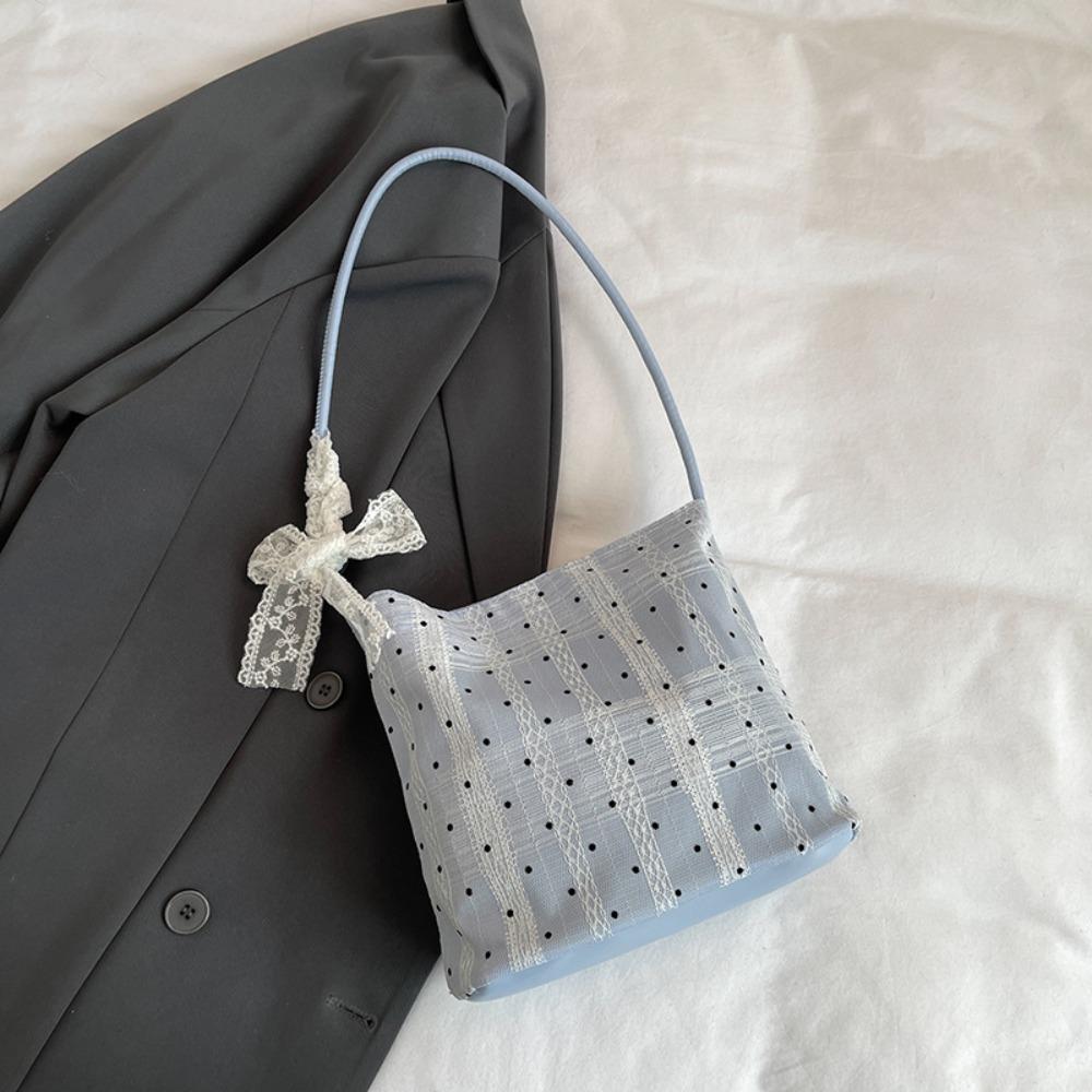 Fashionable Versatile Women Handbag Korean Style Elegant Underarm Bag Decorative Silk Scarf Polka Dot Pattern Bucket Bag