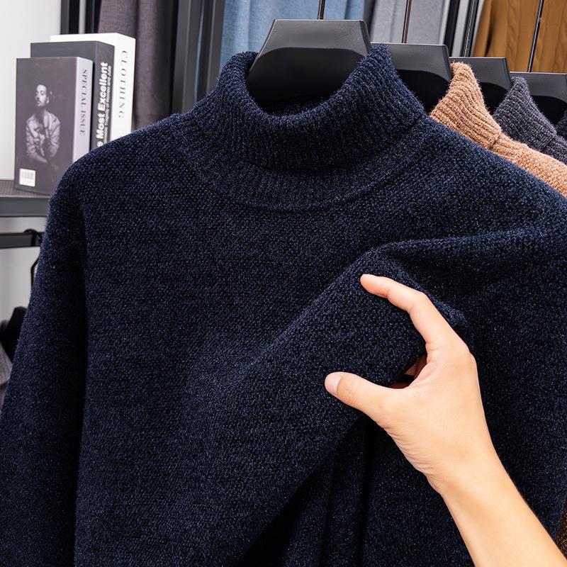 Men s High Neck Knit Sweater, Velvet-Thickened for Autumn/Winter Warmth, Solid Color Faux Mink Pullover. XL