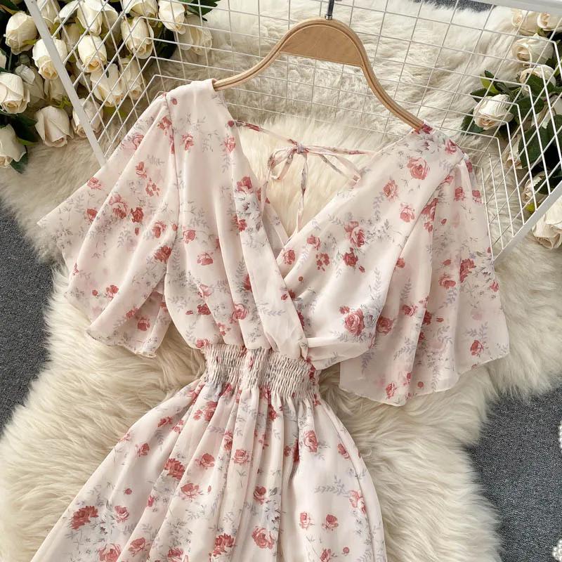 Ladies Beach Vacation Dress Summer Sexy V-Neck Waist Long Chiffon Floral Beach Dresses
