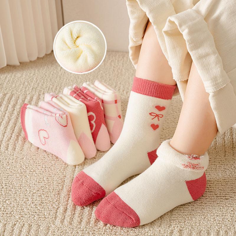 5 Pairs Girls Soft Cotton Middle Tube Socks Autumn Winter Warm Love Heart Flower Print Baby Kids Socks