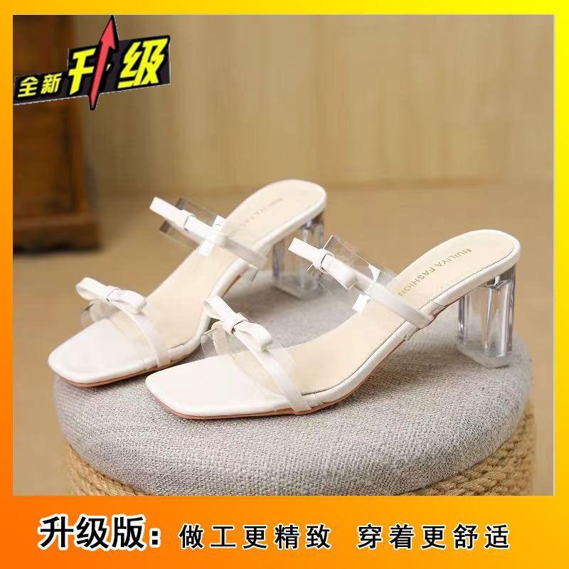 2025 Spring Sweet Pink New Bow Open-toed Cool Slippers Fashionable Transparent Crystal High-heeled Half Slippers Women