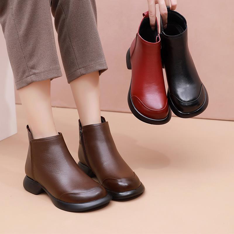 Fashion GKTINOO 2024 Autumn Winter Women Boots Genuine Leather Flat Heel Side Zipper Soft Soled Retro Style Casual Mother Short Boots