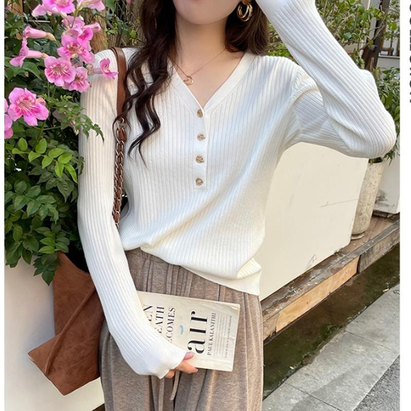 

V-neck Fashion Women s Knitted Sweater Pullover Bottoming Shirt Spring Buttons Long Sleeved Top Outside Solid Color Casual Office Elegant Clothing One Size белый