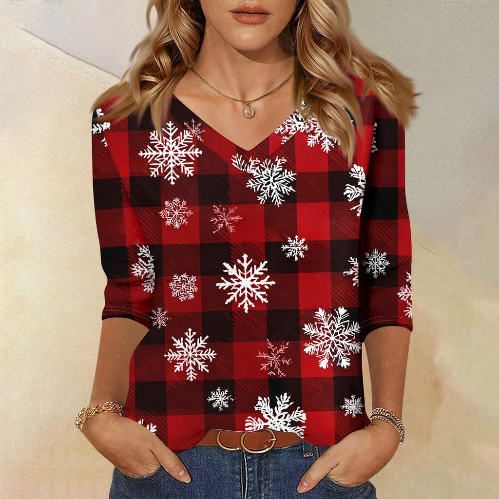 Women's T Shirt CHristmas Print 3/4 Sleeve Daily Weekend Fashion Basic V- Neck Regular Top