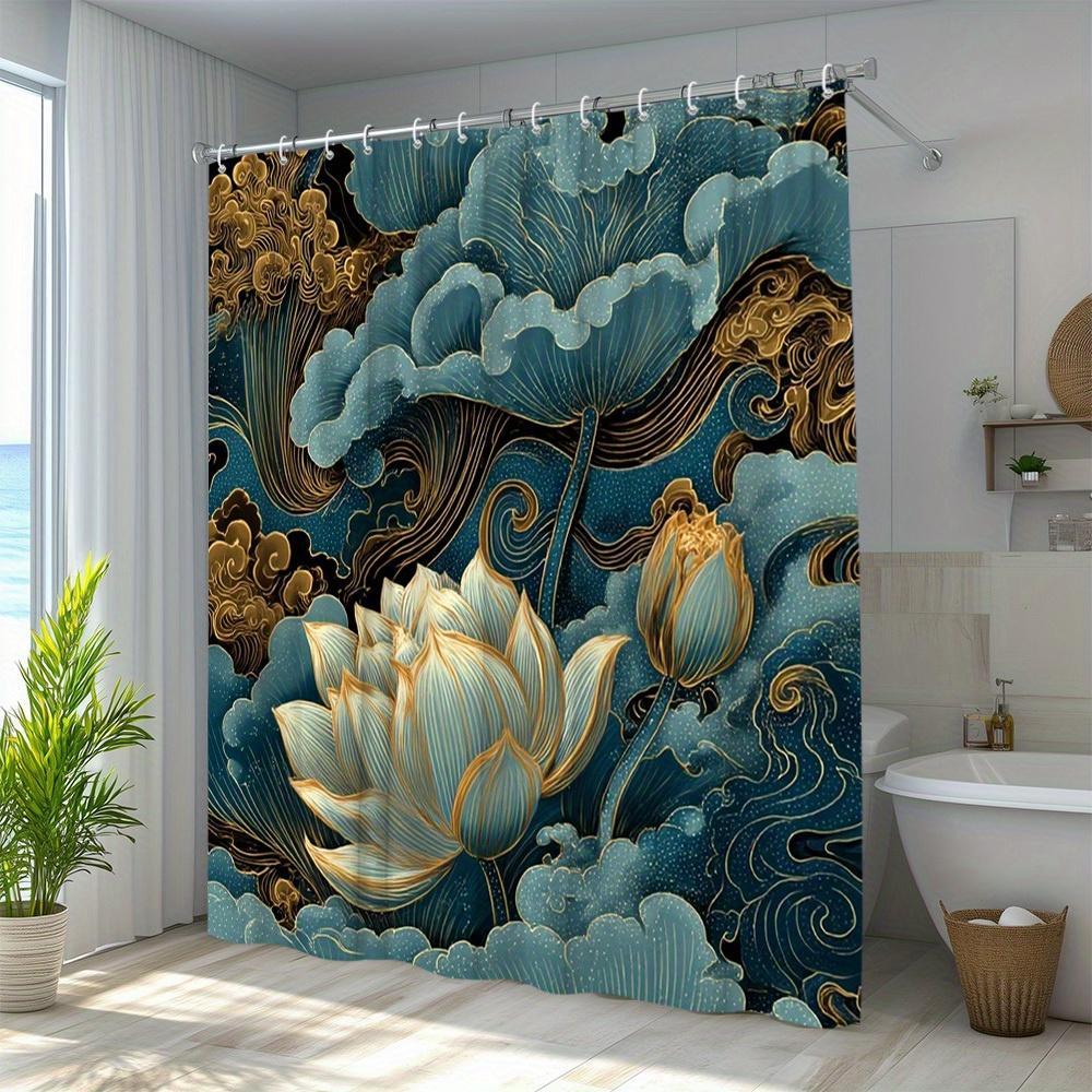 1pc Lotus Pattern Shower Curtain Mysterious And Artistic Home Bathroom Decoration Exquisite Bathtub Partition Hanging Curtain