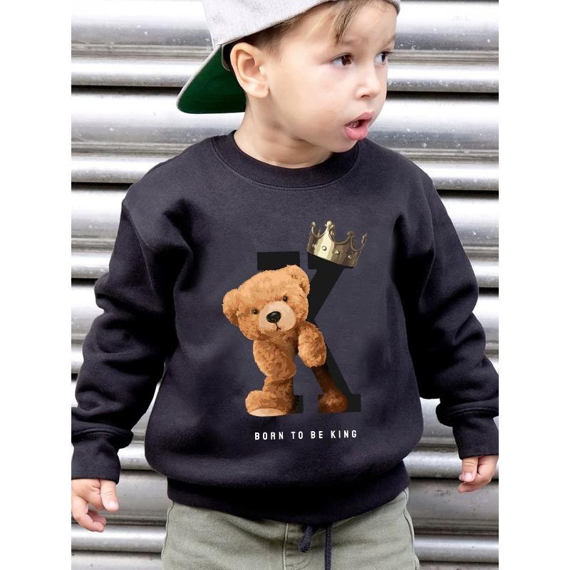 European Size Autumn and Winter Fashion -Lined Crew Neck Brushed Sweatshirt, BORN To KING Crown Bear Cartoon Print, Loose Fit Casual Long Sleeve
